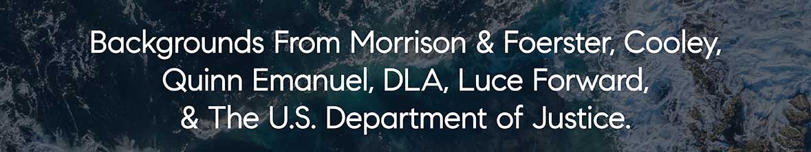 Backgrounds From Morrison & Foerster, Cooley, Quinn Emanuel, DLA, Luce Forward, & The U.S. Department of Justice.